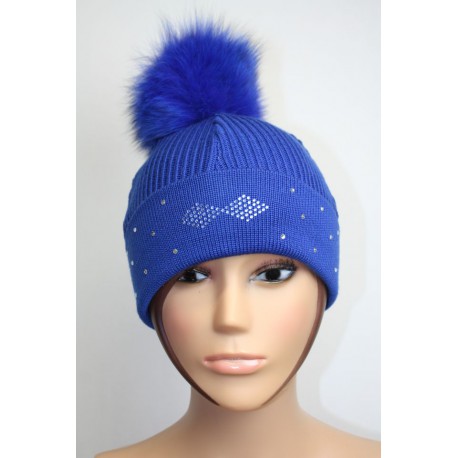 Bonnet en laine avec pompon en fourrure et strass - Losange 3